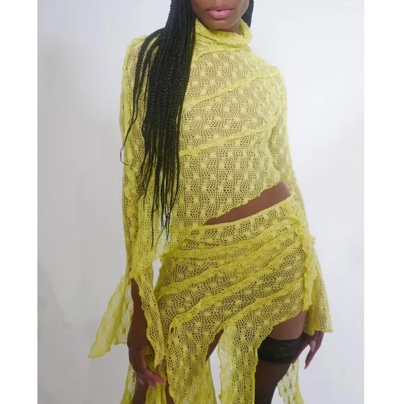 KIM SHUI Exclusive Asymmetrical Sheer Crochet Turtleneck Top Neon Yellow Size S - Picture 3 of 12